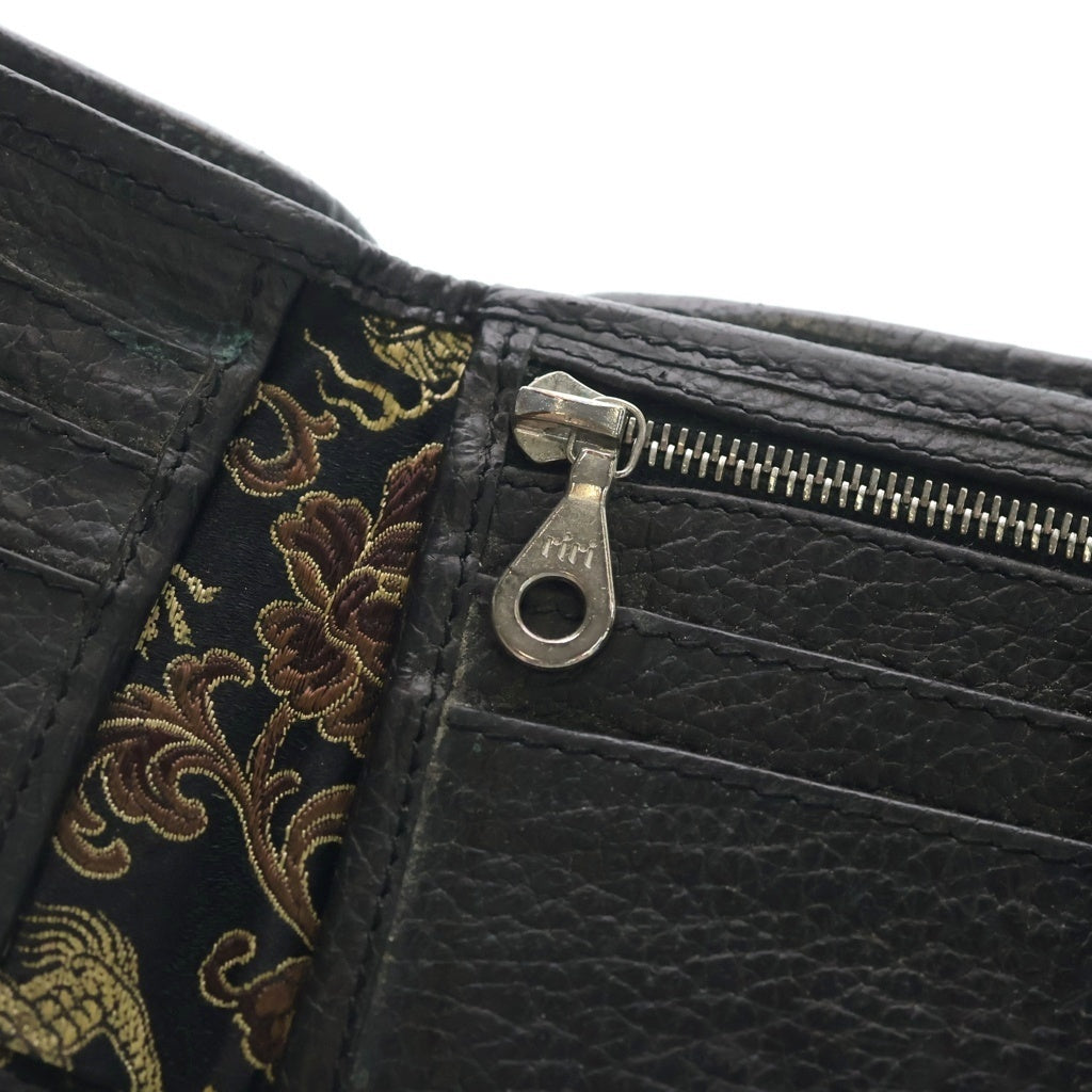 NO BRAND(ノーブランド) GT&COMPANY レザーコンパクトウォレット 二つ折り財布 裏地刺繍デザイン ブラック