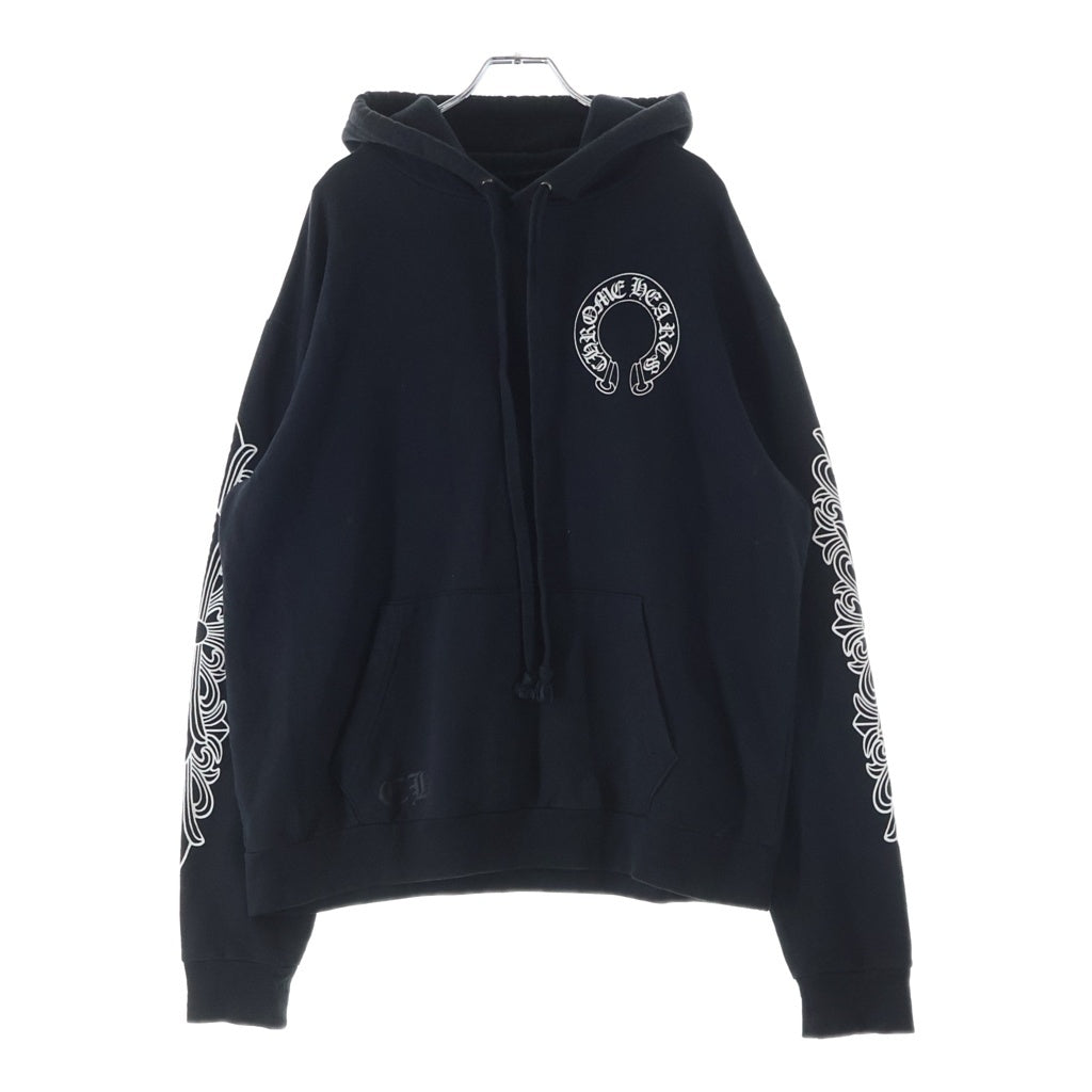 CHROME HEARTS(クロムハーツ) SWTSHRT PLVR 袖フローラルバックホースシュープリントプルオーバーパーカー フーディー ブラック