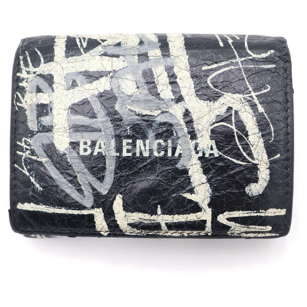 BALENCIAGA(バレンシアガ) Cash ミニウォレット 三つ折り 財布 グラフィティ レザー ブラック 594312