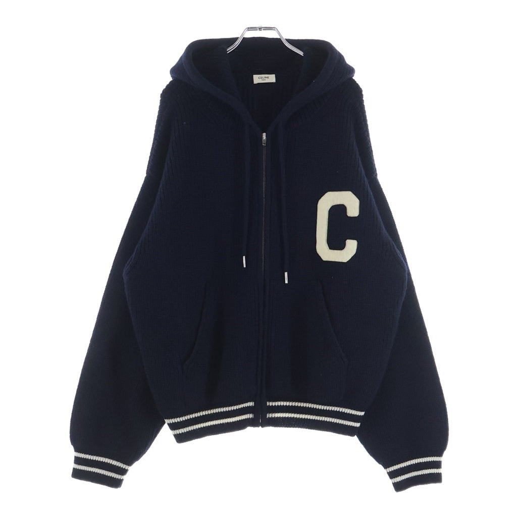 CELINE(セリーヌ) カレッジ Cロゴ ジップアップ ウールニットパーカー ネイビー RV00V830I