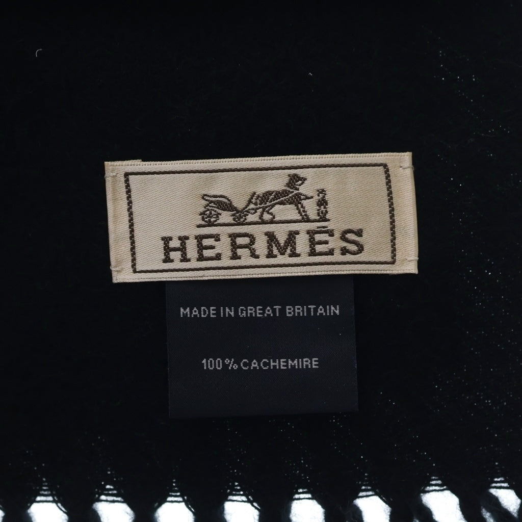 HERMES(エルメス) ロゴ刺繍 カシミヤ フリンジ マフラー ブラック