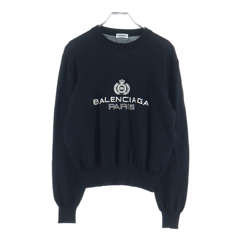 BALENCIAGA(バレンシアガ) エンブレム ロゴ刺繍 ウール クルーネック プルオーバー 長袖ニット セーター ブラック 595106 レディース