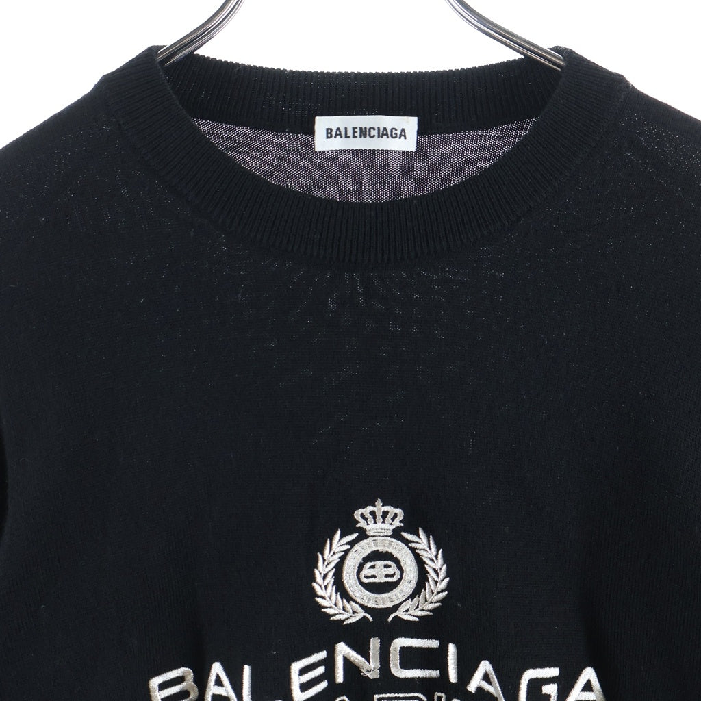 BALENCIAGA(バレンシアガ) エンブレム ロゴ刺繍 ウール クルーネック プルオーバー 長袖ニット セーター ブラック 595106 レディース