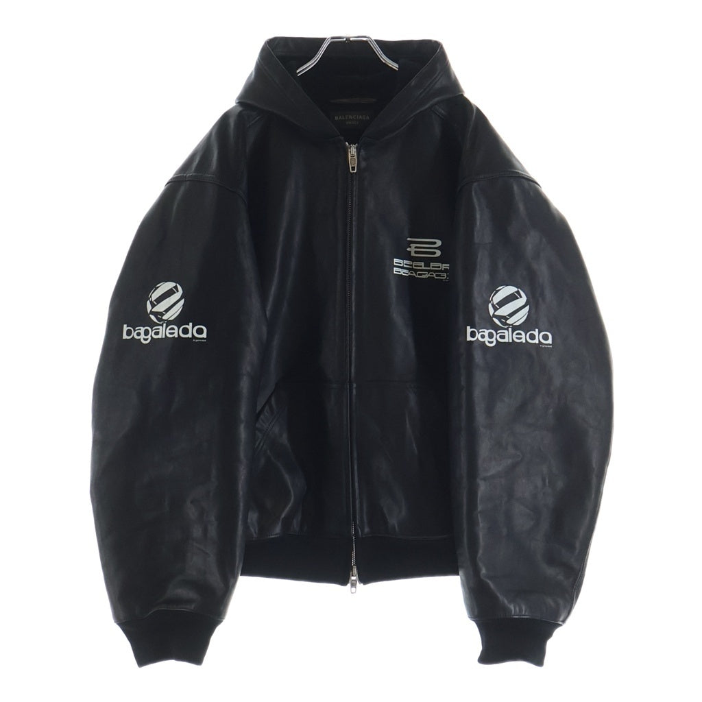 BALENCIAGA(バレンシアガ) 24AW LINED ZIP-UP HOODIE JACKET フロントロゴプリント ジップアップ レザーフーデットジャケット ブラック 790311 TQS15