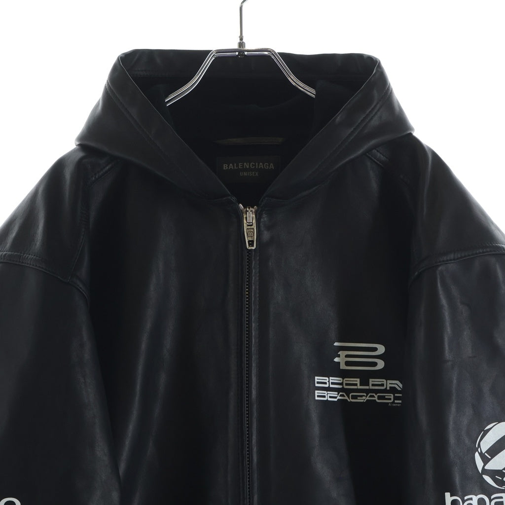 BALENCIAGA(バレンシアガ) 24AW LINED ZIP-UP HOODIE JACKET フロントロゴプリント ジップアップ レザーフーデットジャケット ブラック 790311 TQS15