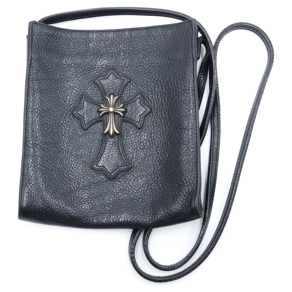 CHROME HEARTS(クロムハーツ) SQ PKT CH CRS スモールCHクロス装飾 スクエアポケット レザーショルダーバッグ ブラック レディース