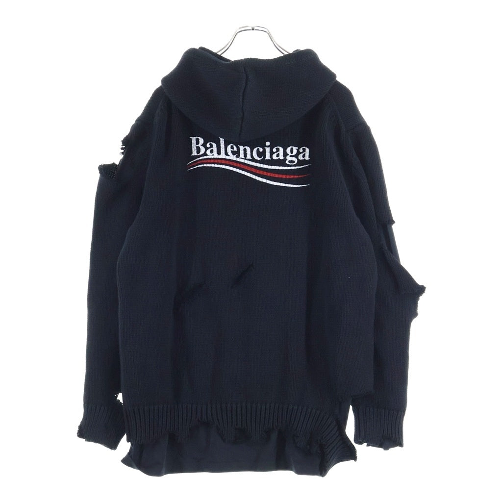 BALENCIAGA(バレンシアガ) 21AW キャンペーンロゴ ダメージニットフーディーセーター ロングスリーブカットソー レイヤード ブラック MK06 662718 T3212