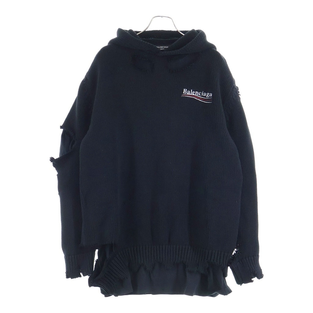 BALENCIAGA(バレンシアガ) 21AW キャンペーンロゴ ダメージニットフーディーセーター ロングスリーブカットソー レイヤード ブラック MK06 662718 T3212