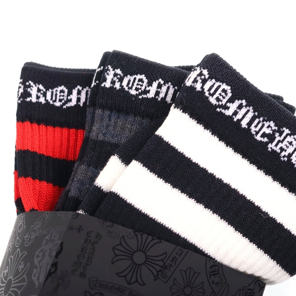 CHROME HEARTS(クロムハーツ) CHプラス刺繍 ボーダー ソックス 靴下 3足セット ブラック/レッド/ホワイト