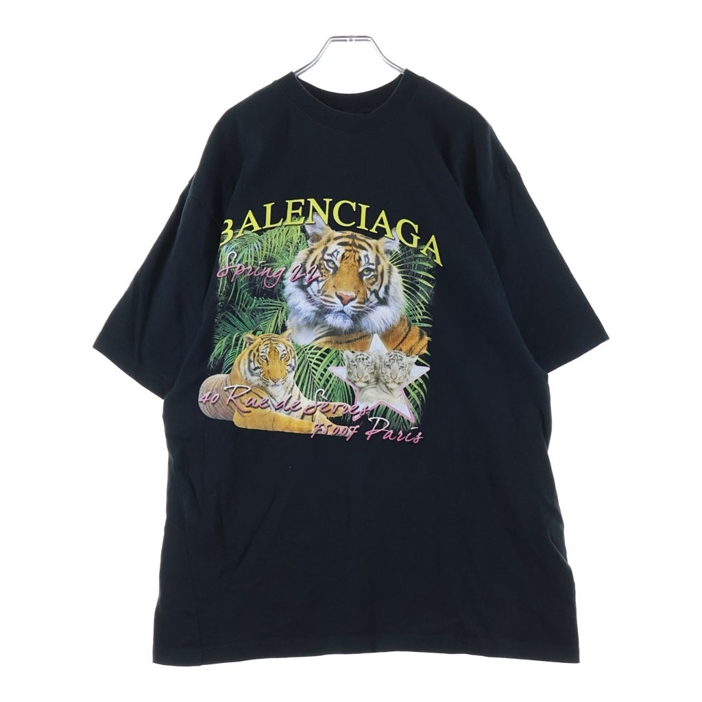 BALENCIAGA(バレンシアガ) フロントタイガープリント クルーネック半袖Tシャツ ショートスリーブカットソー ブラック NJ06 681314 TLVH2