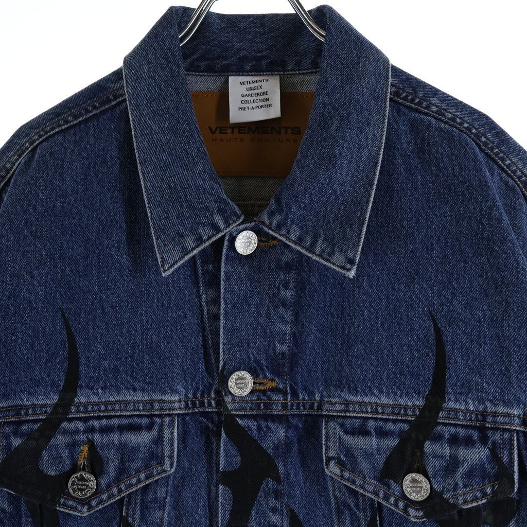 VETEMENTS(ヴェトモン) ブラックファイヤーパターン デニムジャケット Gジャン インディゴ/ブラック