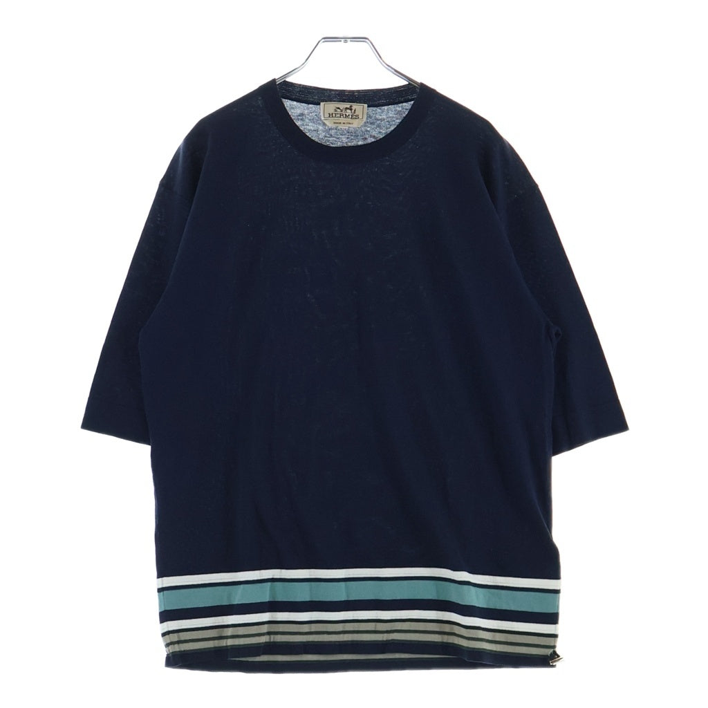 HERMES(エルメス) 裾ボーダー ニットTシャツ 半袖 クルーネック カットソー ネイビー