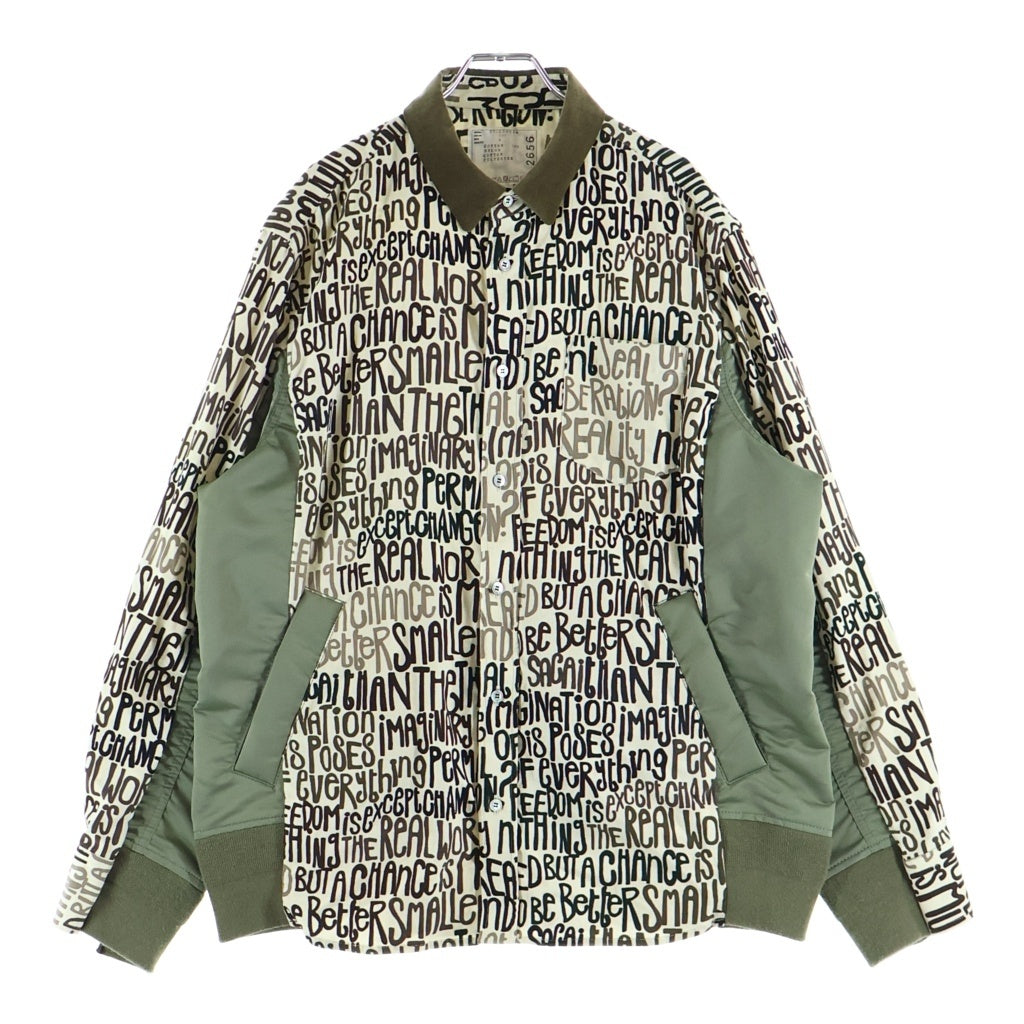 Sacai(サカイ) Message Print Hybrid Shirt MA-1 メッセージプリント ナイロン切替 コーデュロイシャツジャケット カーキ 21-02656M