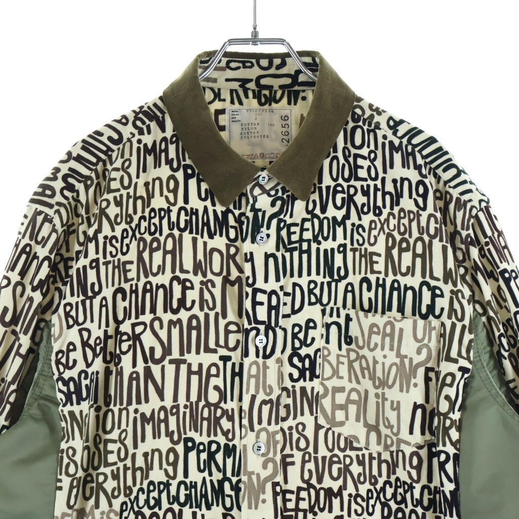 Sacai(サカイ) Message Print Hybrid Shirt MA-1 メッセージプリント ナイロン切替 コーデュロイシャツジャケット カーキ 21-02656M