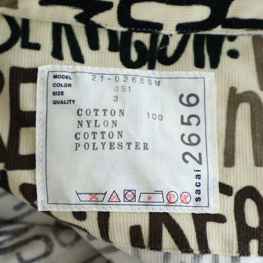 Sacai(サカイ) Message Print Hybrid Shirt MA-1 メッセージプリント ナイロン切替 コーデュロイシャツジャケット カーキ 21-02656M