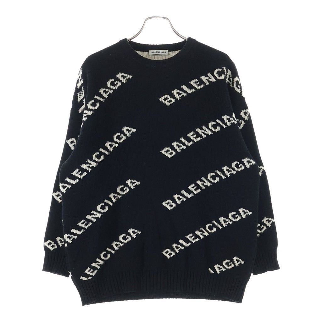 BALENCIAGA(バレンシアガ) ロゴ総柄 ウール混 クルーネック 長袖ニット セーター ブラック 529060 T1471