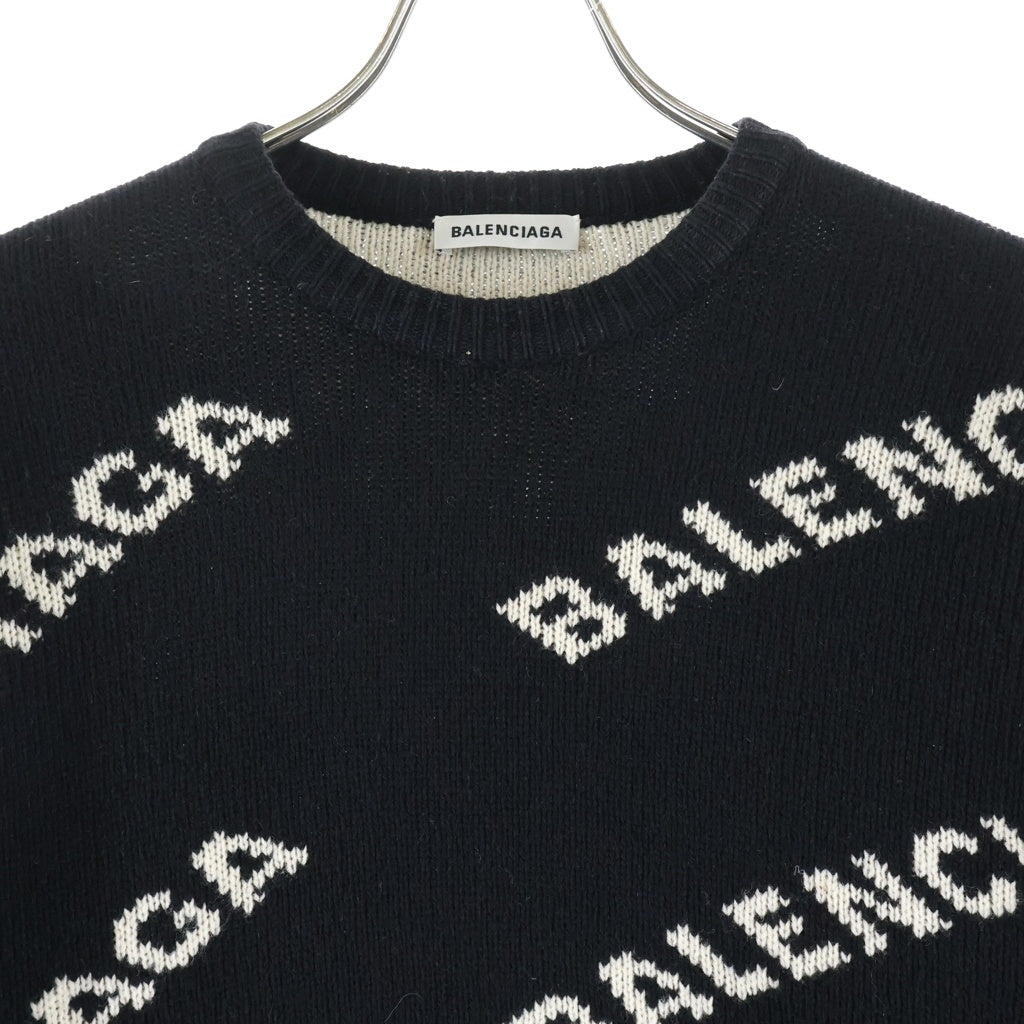 BALENCIAGA(バレンシアガ) ロゴ総柄 ウール混 クルーネック 長袖ニット セーター ブラック 529060 T1471