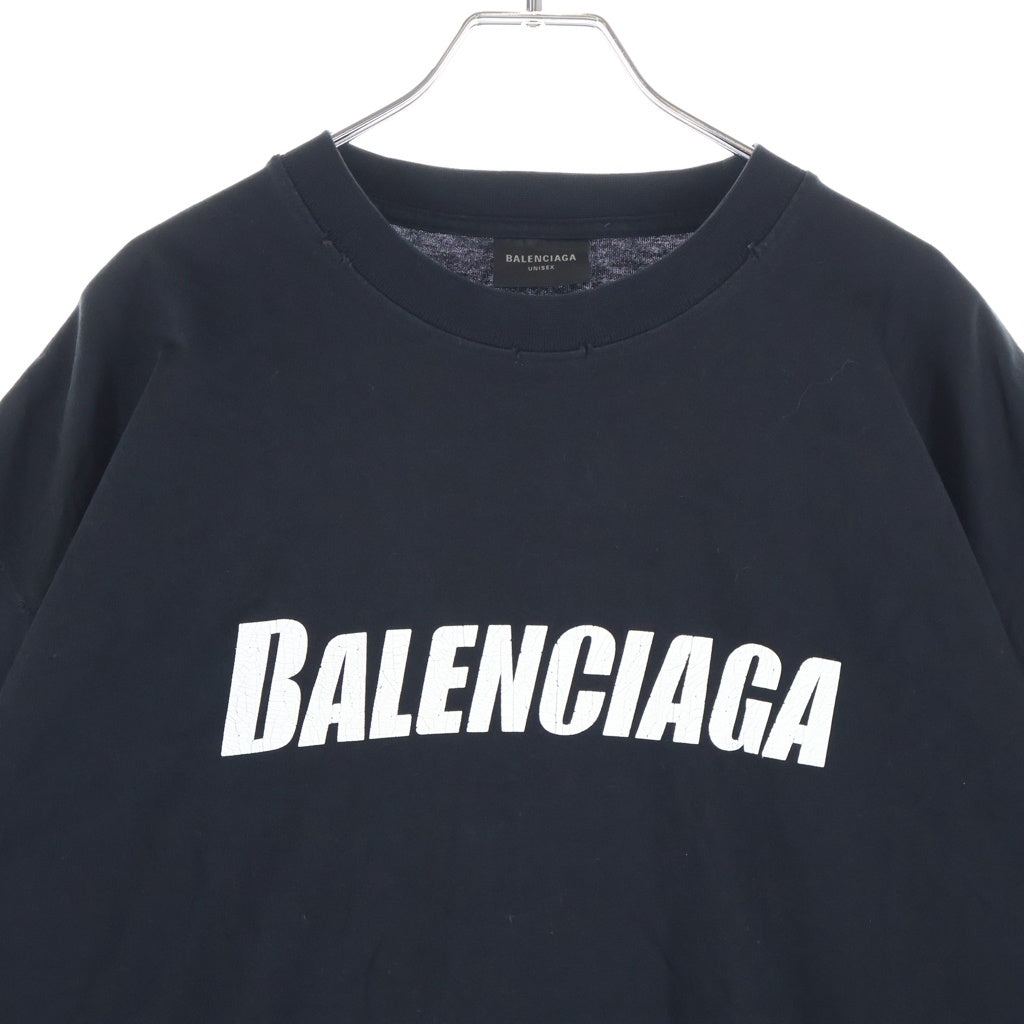 BALENCIAGA(バレンシアガ) フロントロゴプリント ダメージ加工 オーバーサイズ クルーネック 半袖Tシャツ ブラック 651795 TNAVI
