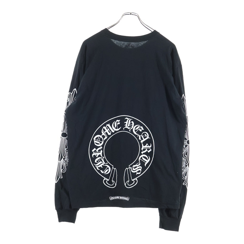 CHROME HEARTS(クロムハーツ) FLOLAL CROSS HORSESHOE L/S Tee フローラルクロス バックホースシュープリント 長袖Tシャツ ブラック