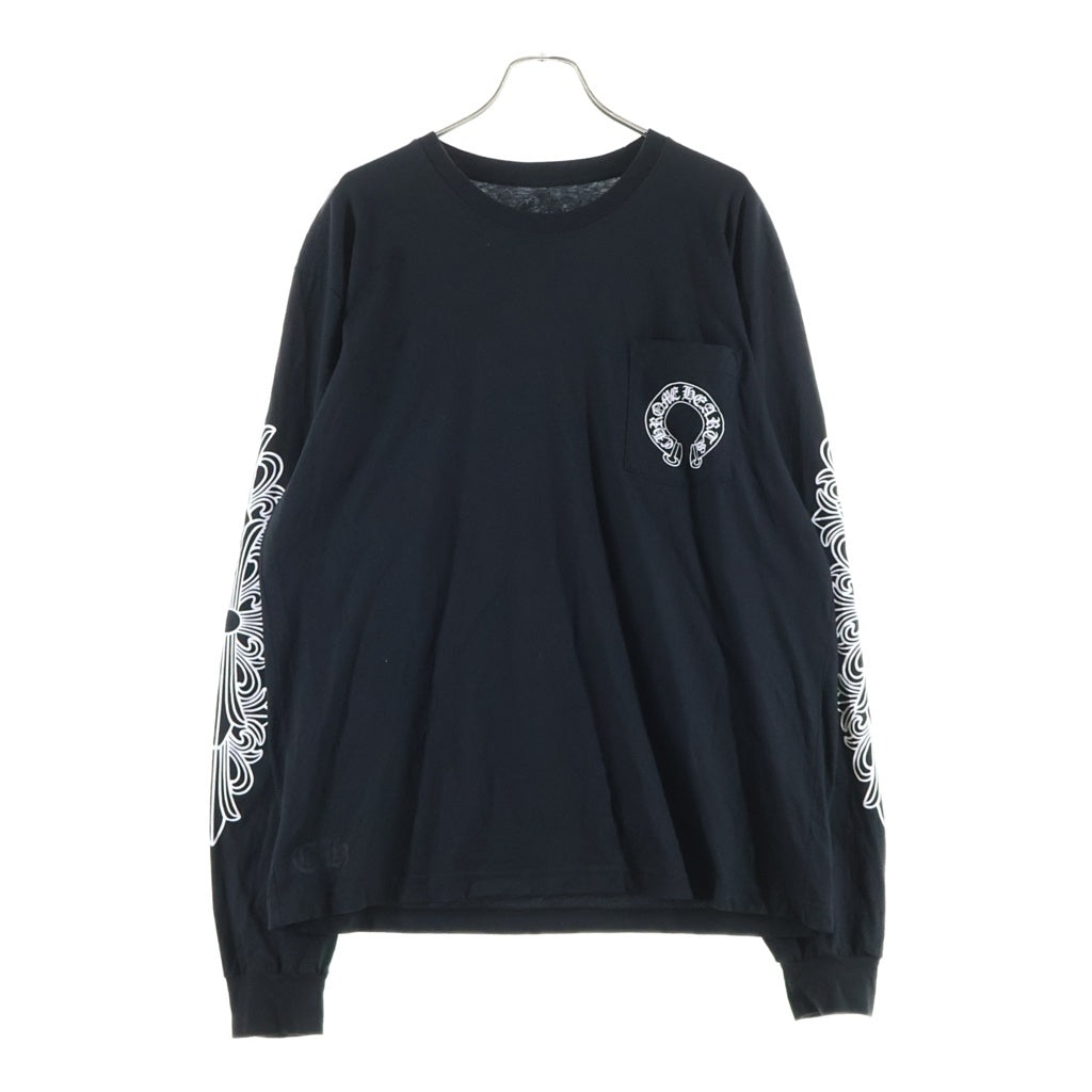 CHROME HEARTS(クロムハーツ) FLOLAL CROSS HORSESHOE L/S Tee フローラルクロス バックホースシュープリント 長袖Tシャツ ブラック