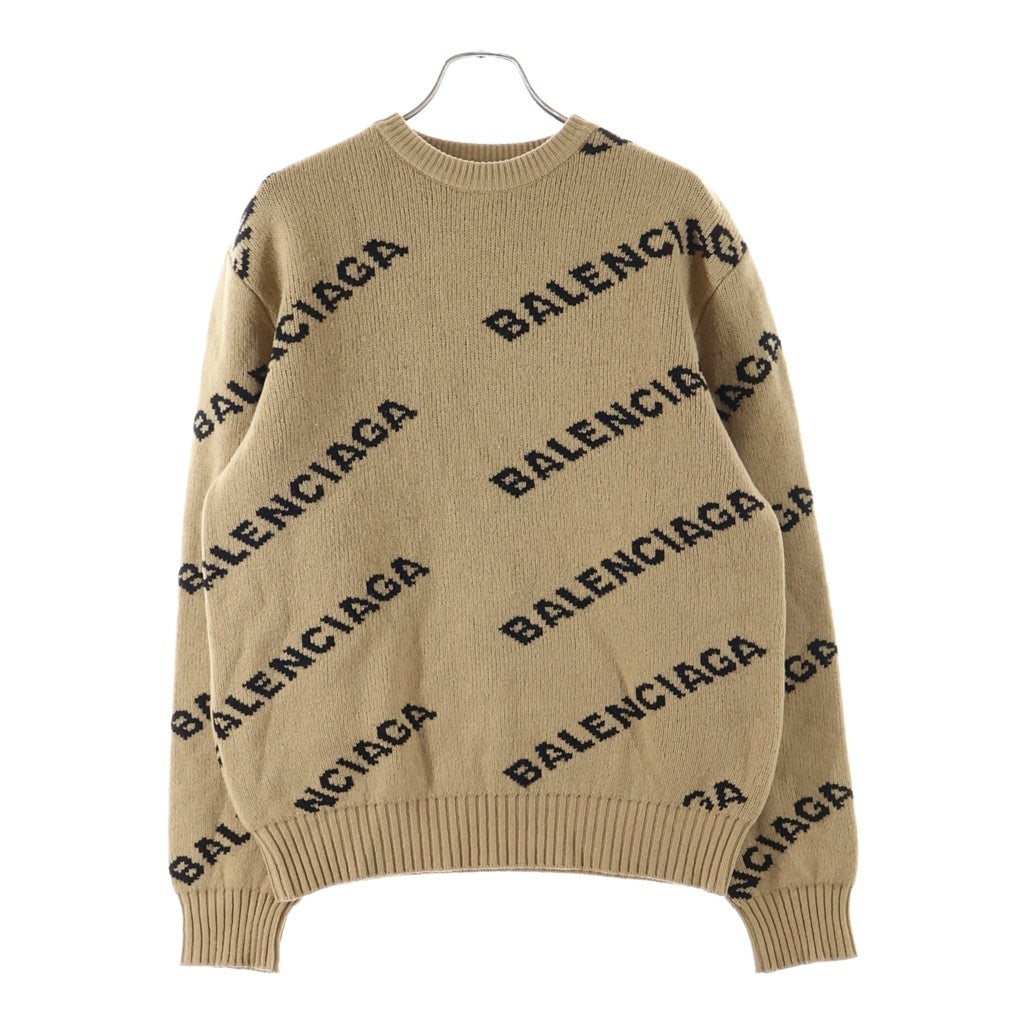 BALENCIAGA(バレンシアガ) ロゴ総柄 ウール混 クルーネック 長袖ニット セーター ブラウン 648433 T1567