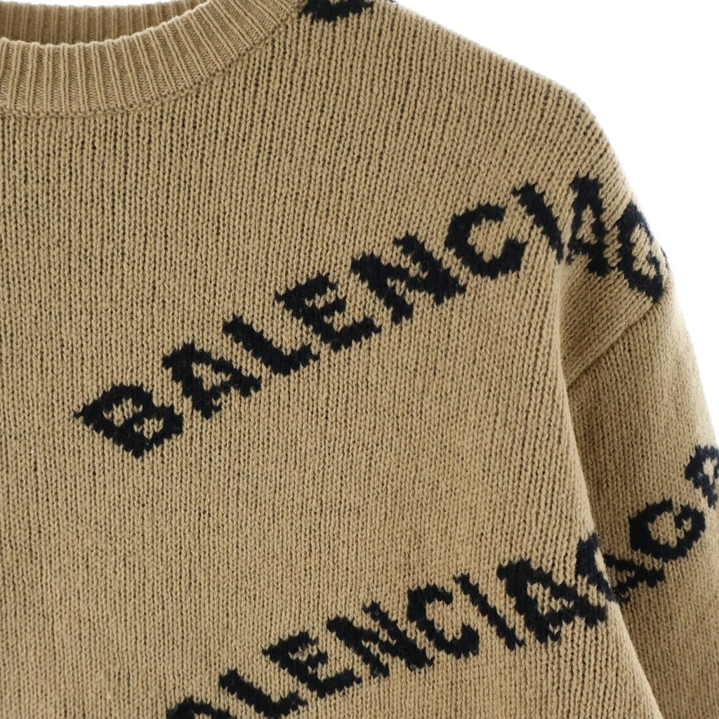 BALENCIAGA(バレンシアガ) ロゴ総柄 ウール混 クルーネック 長袖ニット セーター ブラウン 648433 T1567