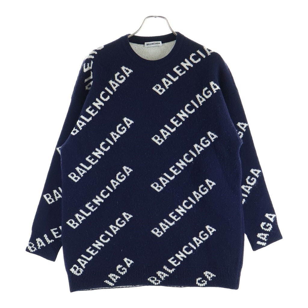 BALENCIAGA(バレンシアガ) ロゴ総柄 ウール混 クルーネック 長袖ニット セーター ネイビー 623283 T1567