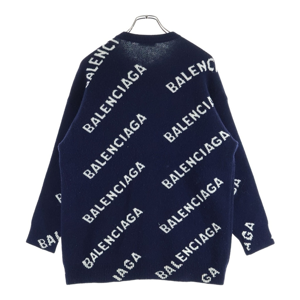 BALENCIAGA(バレンシアガ) ロゴ総柄 ウール混 クルーネック 長袖ニット セーター ネイビー 623283 T1567