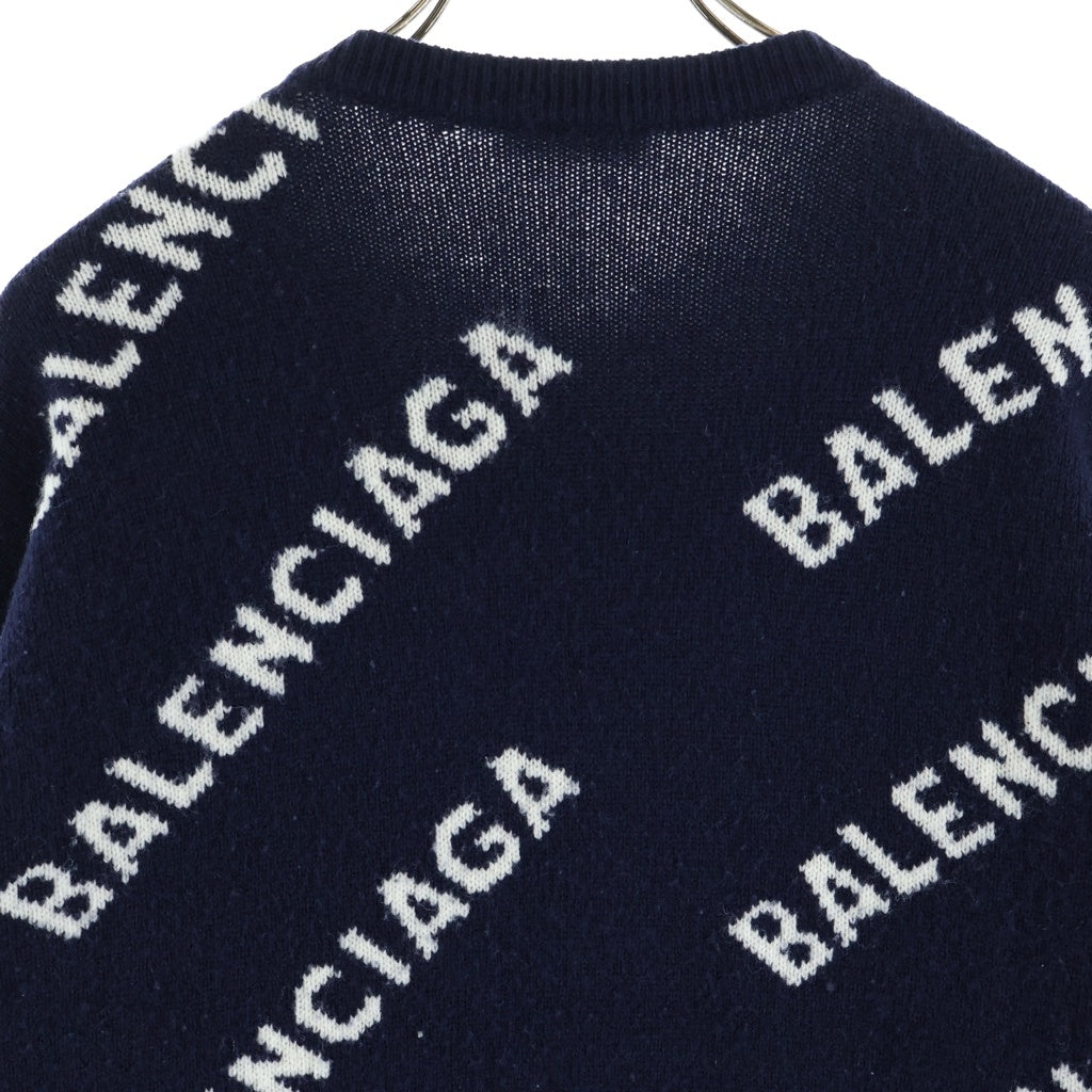 BALENCIAGA(バレンシアガ) ロゴ総柄 ウール混 クルーネック 長袖ニット セーター ネイビー 623283 T1567