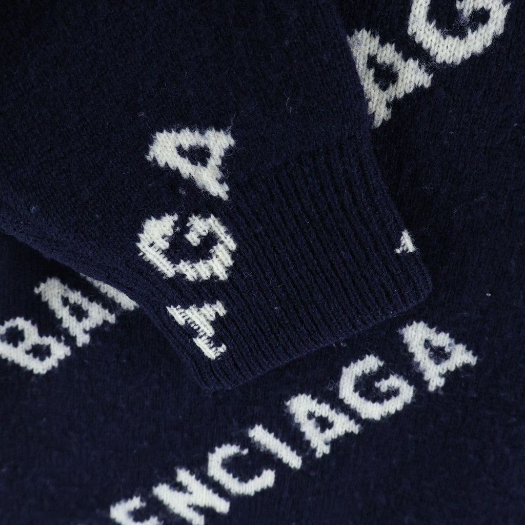 BALENCIAGA(バレンシアガ) ロゴ総柄 ウール混 クルーネック 長袖ニット セーター ネイビー 623283 T1567