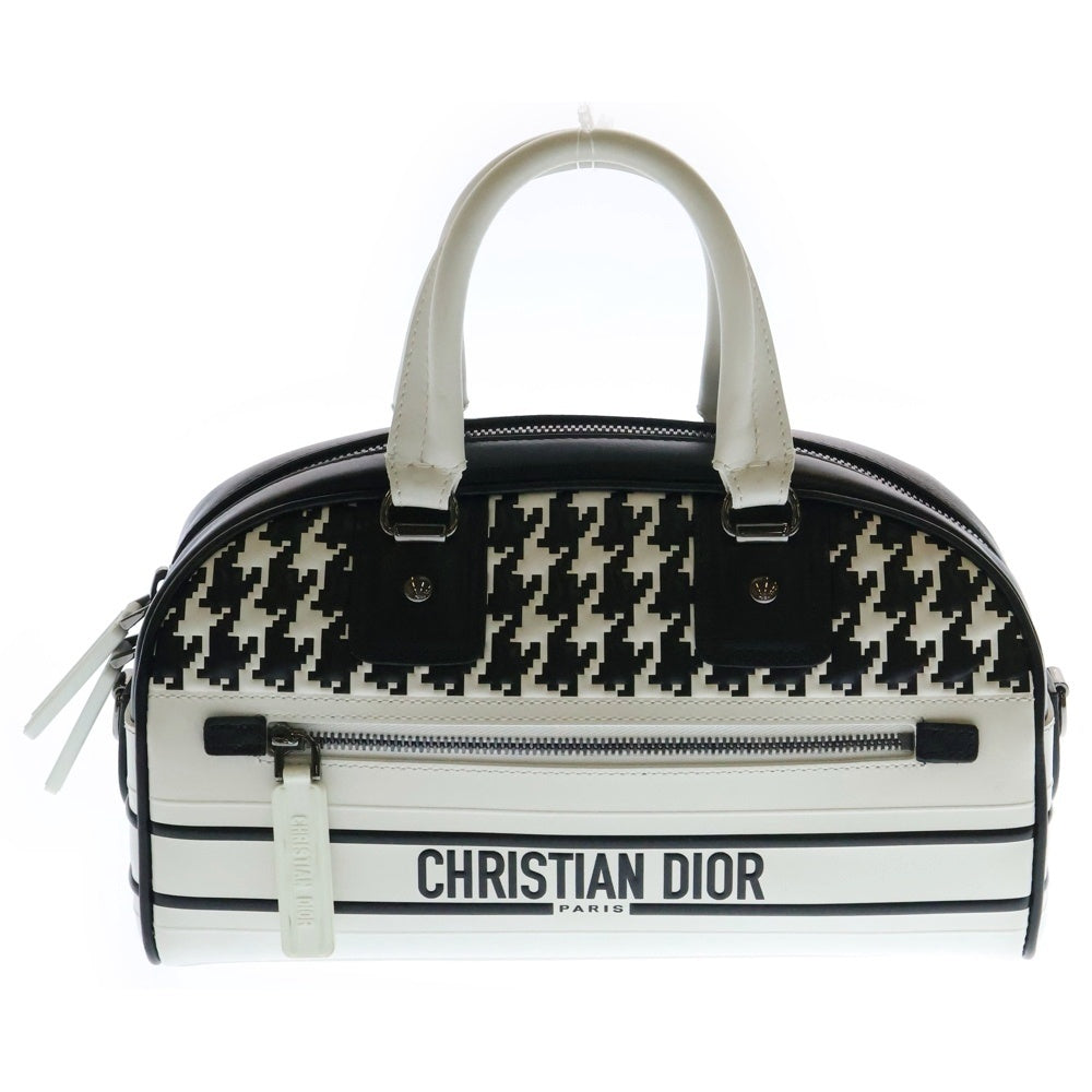 Christian Dior(クリスチャンディオール) ヴァイブ スモール 2way ボウリング ショルダー バッグ ハンドバッグ ホワイト×ブラック 千鳥柄 ガンメタ金具 レザー