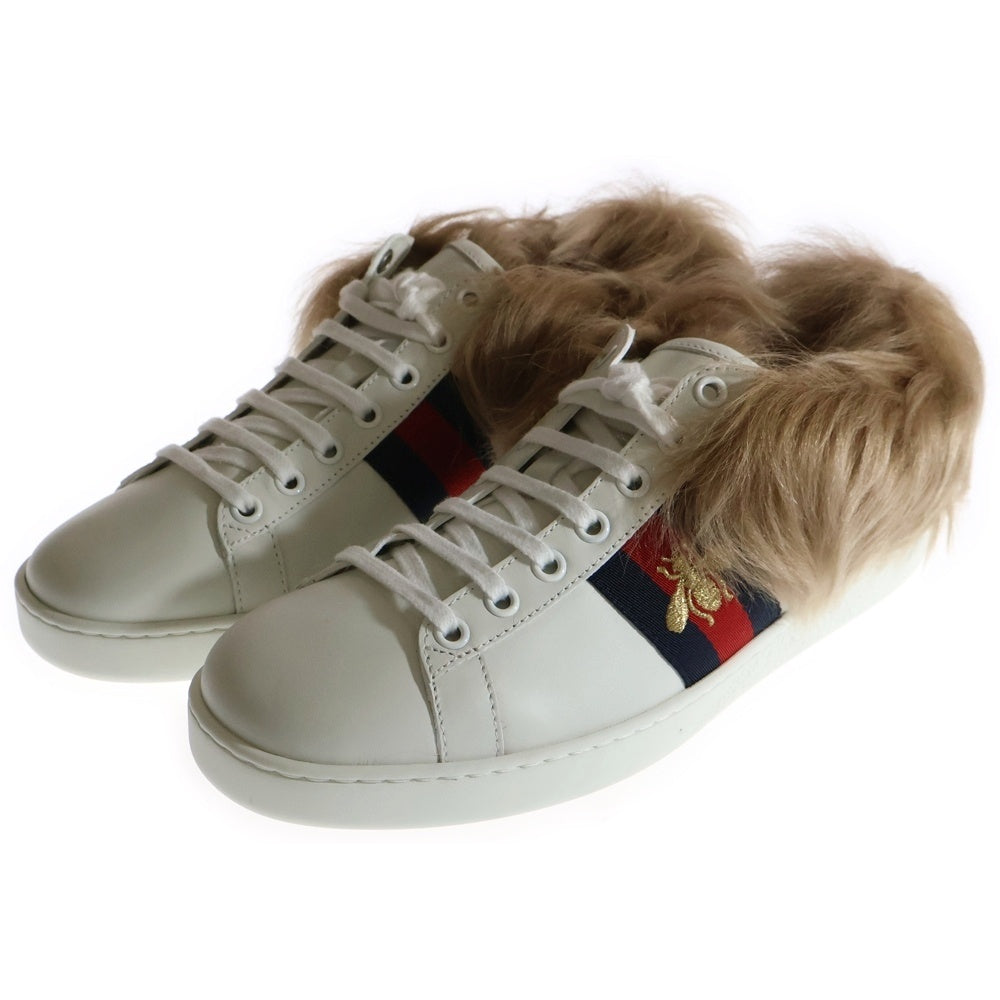 GUCCI(グッチ) Ace Low Top Sneakers With Fur 496093 エースビー刺繍ファースニーカー シューズ ホワイト
