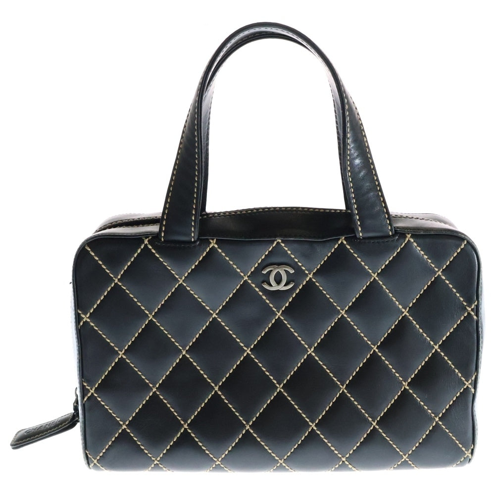 CHANEL(シャネル) ココマーク ワイルドステッチ ラムスキン レザーハンドバッグ ブラック レディース