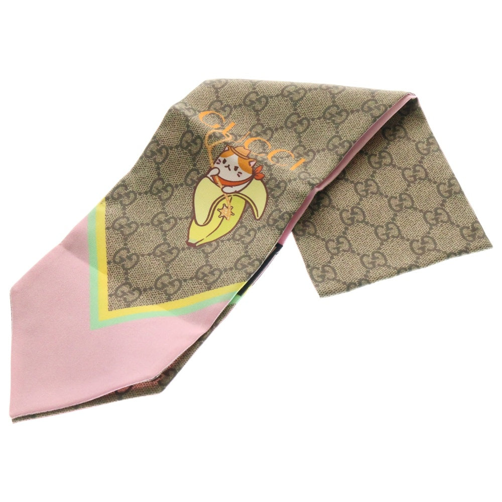 GUCCI(グッチ) ×ばなにゃ ウエスタン GG総柄プリント シルク タイ スカーフ ベージュ/ピンク 704144