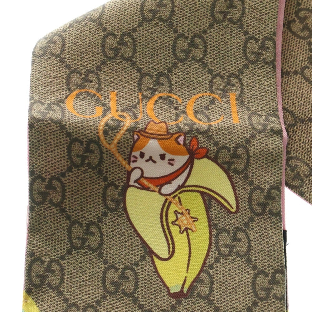 GUCCI(グッチ) ×ばなにゃ ウエスタン GG総柄プリント シルク タイ スカーフ ベージュ/ピンク 704144