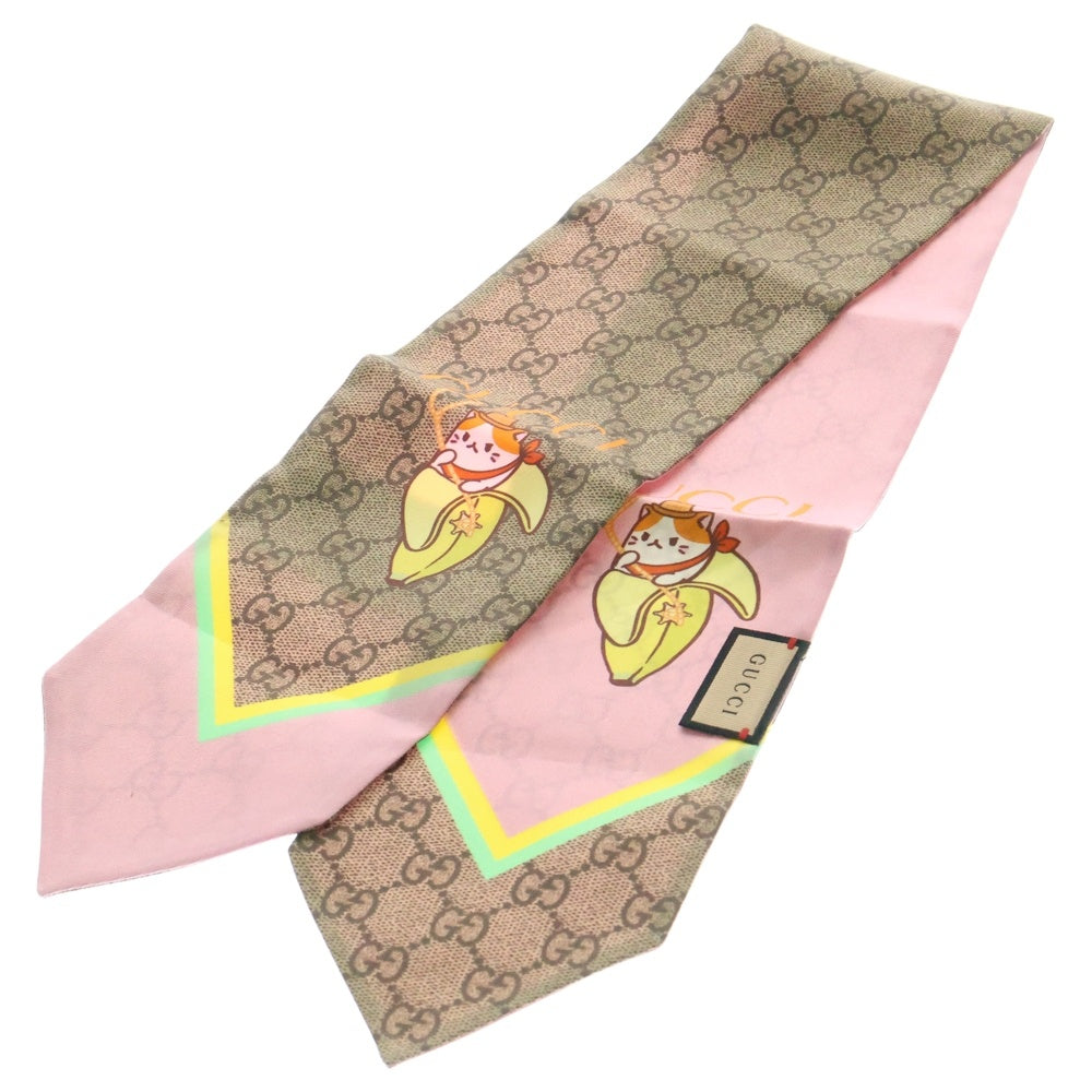 GUCCI(グッチ) ×ばなにゃ ウエスタン GG総柄プリント シルク タイ スカーフ ベージュ/ピンク 704144