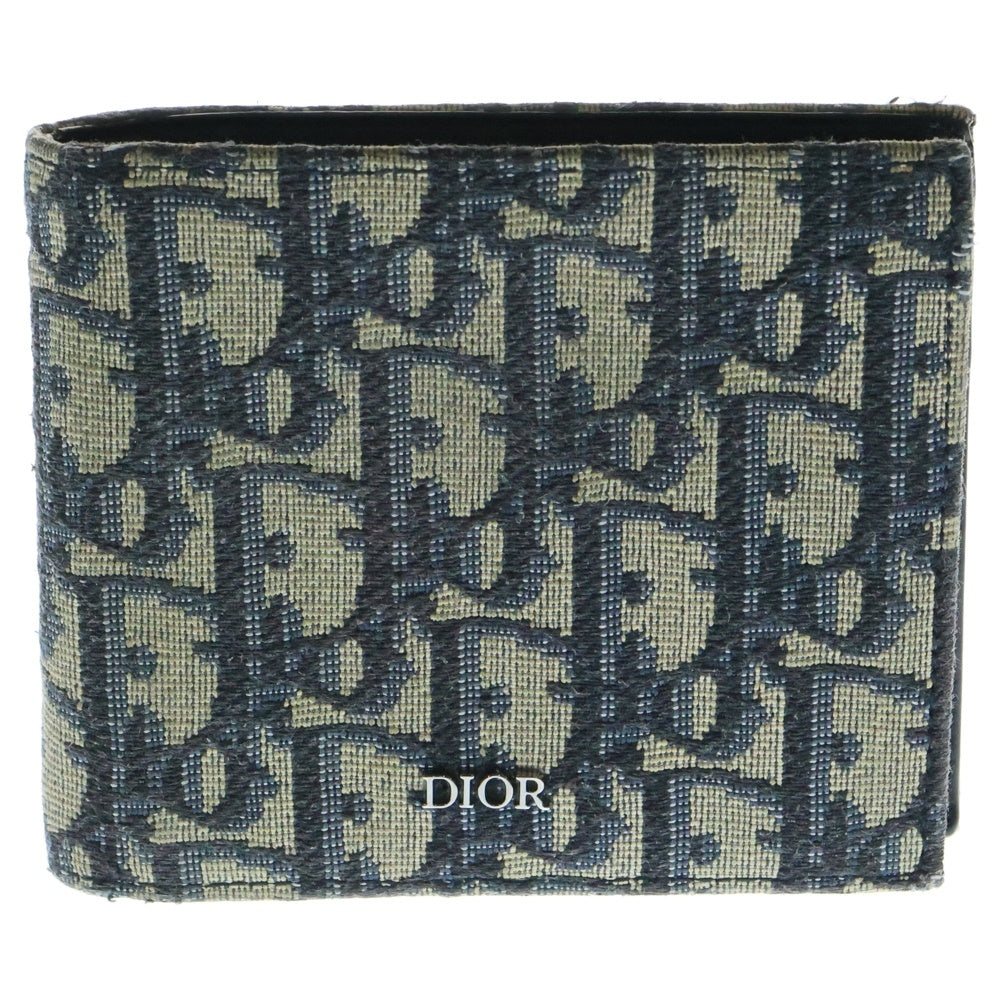 Christian Dior(クリスチャンディオール) オブリーク 二つ折り財布 ネイビー キャンバス コンパクトウォレット