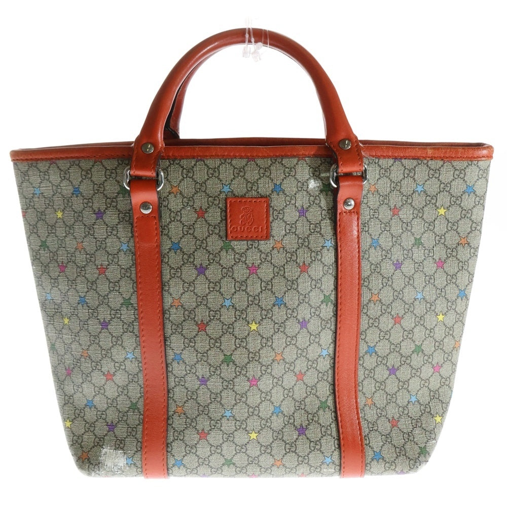 GUCCI(グッチ) チルドレンズ GGスプリーム スタープリント テディベア ロゴパッチ PVC レザー ハンド トートバッグ シルバー金具 ベージュ/オレンジ 297557