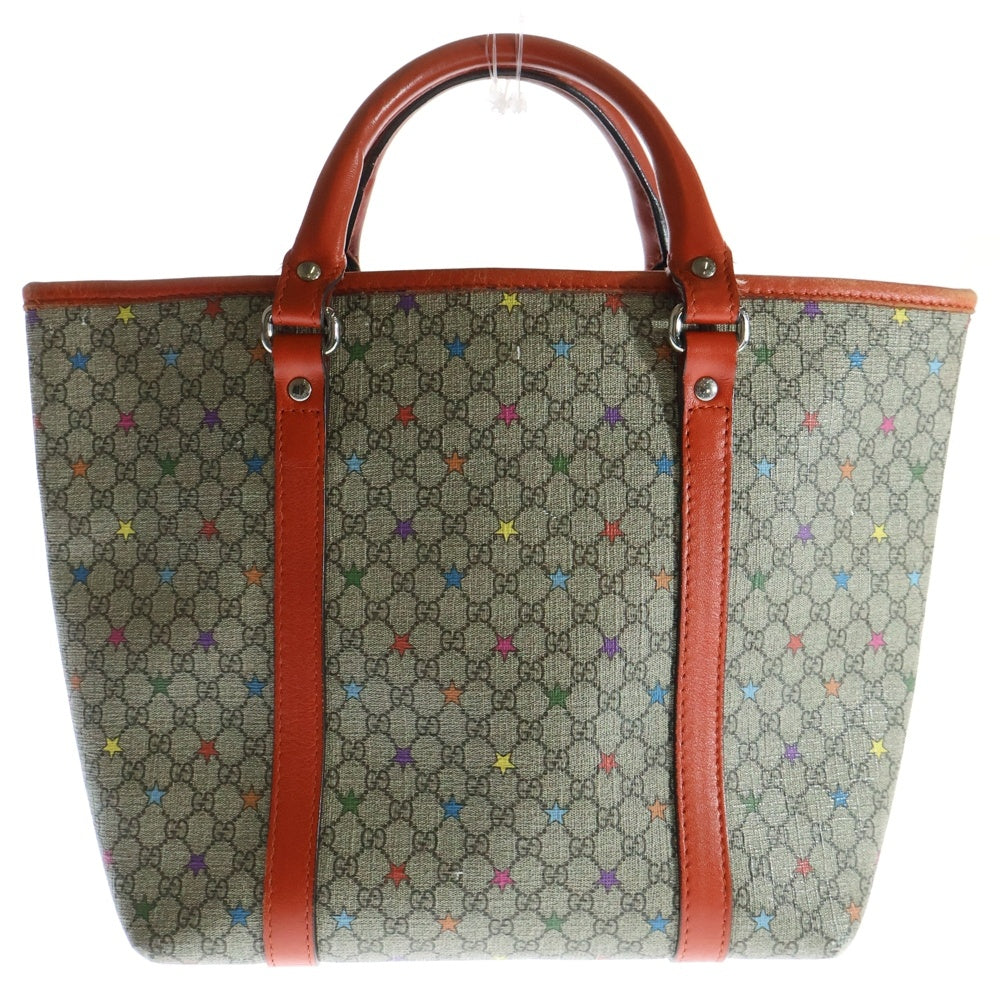 GUCCI(グッチ) チルドレンズ GGスプリーム スタープリント テディベア ロゴパッチ PVC レザー ハンド トートバッグ シルバー金具 ベージュ/オレンジ 297557