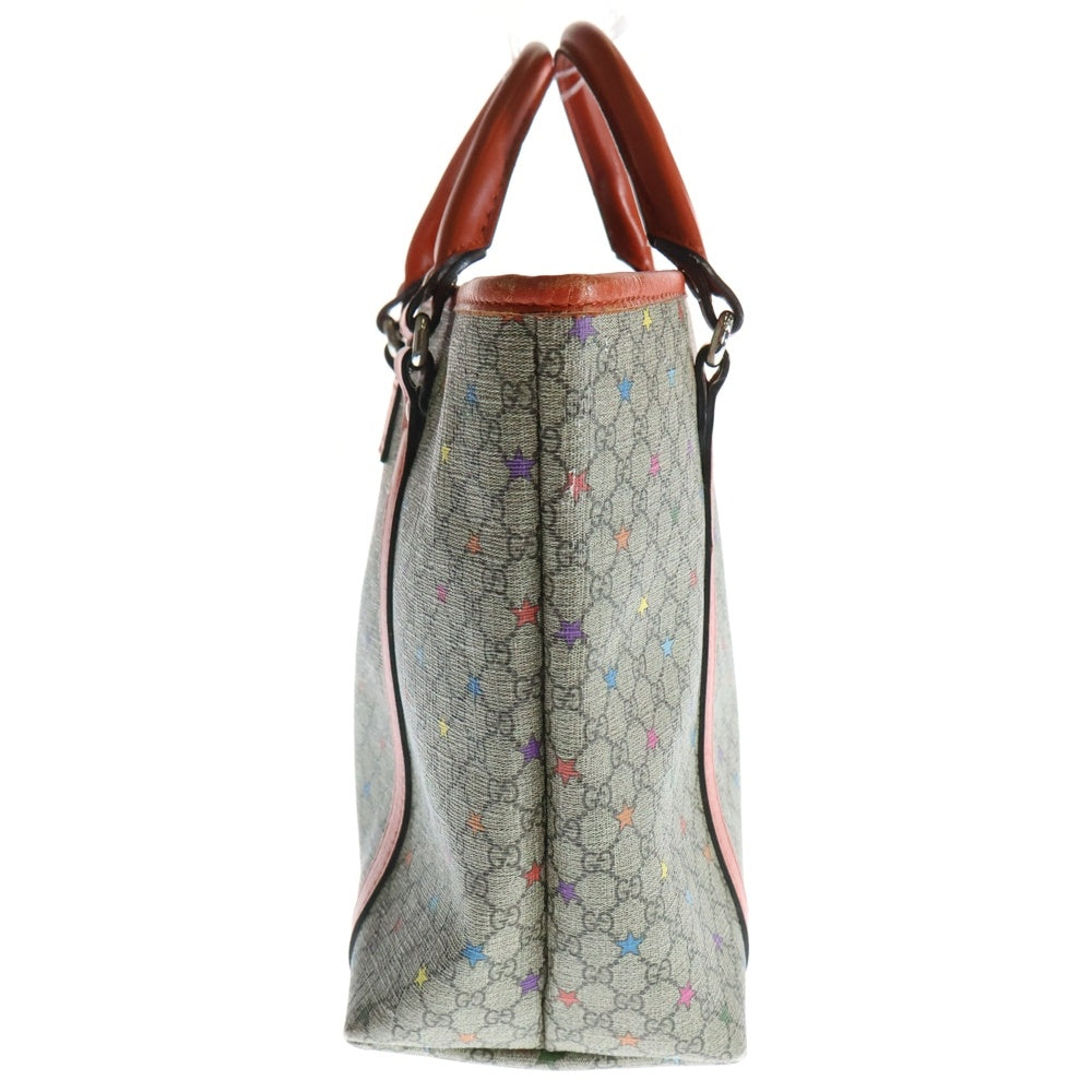 GUCCI(グッチ) チルドレンズ GGスプリーム スタープリント テディベア ロゴパッチ PVC レザー ハンド トートバッグ シルバー金具 ベージュ/オレンジ 297557
