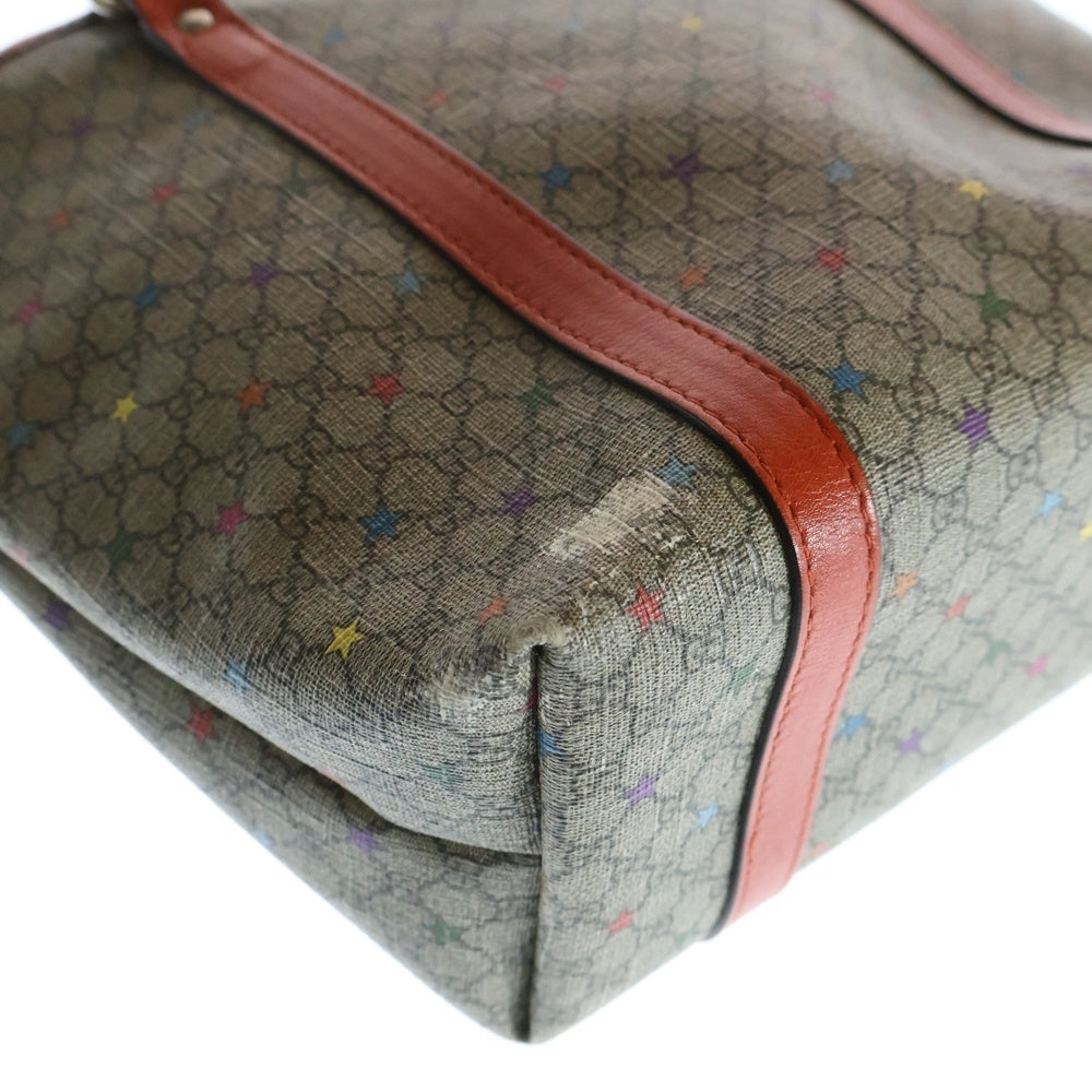 GUCCI(グッチ) チルドレンズ GGスプリーム スタープリント テディベア ロゴパッチ PVC レザー ハンド トートバッグ シルバー金具 ベージュ/オレンジ 297557