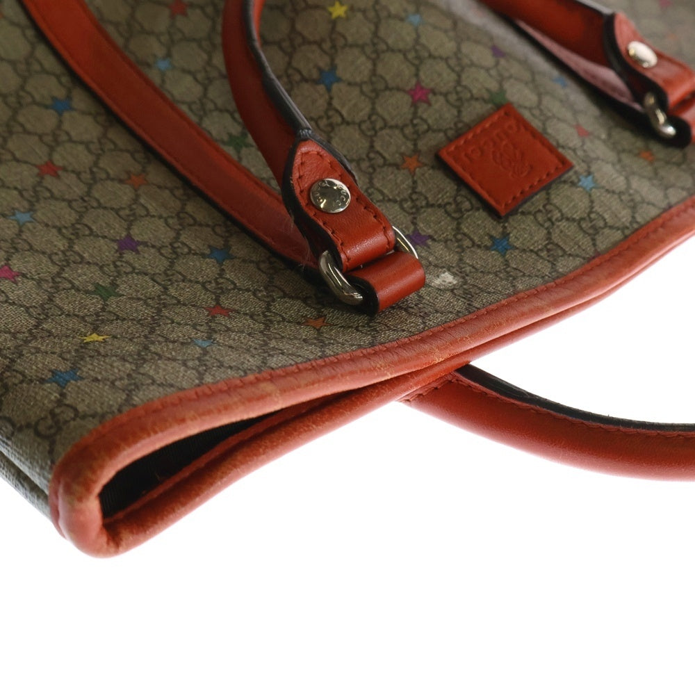 GUCCI(グッチ) チルドレンズ GGスプリーム スタープリント テディベア ロゴパッチ PVC レザー ハンド トートバッグ シルバー金具 ベージュ/オレンジ 297557