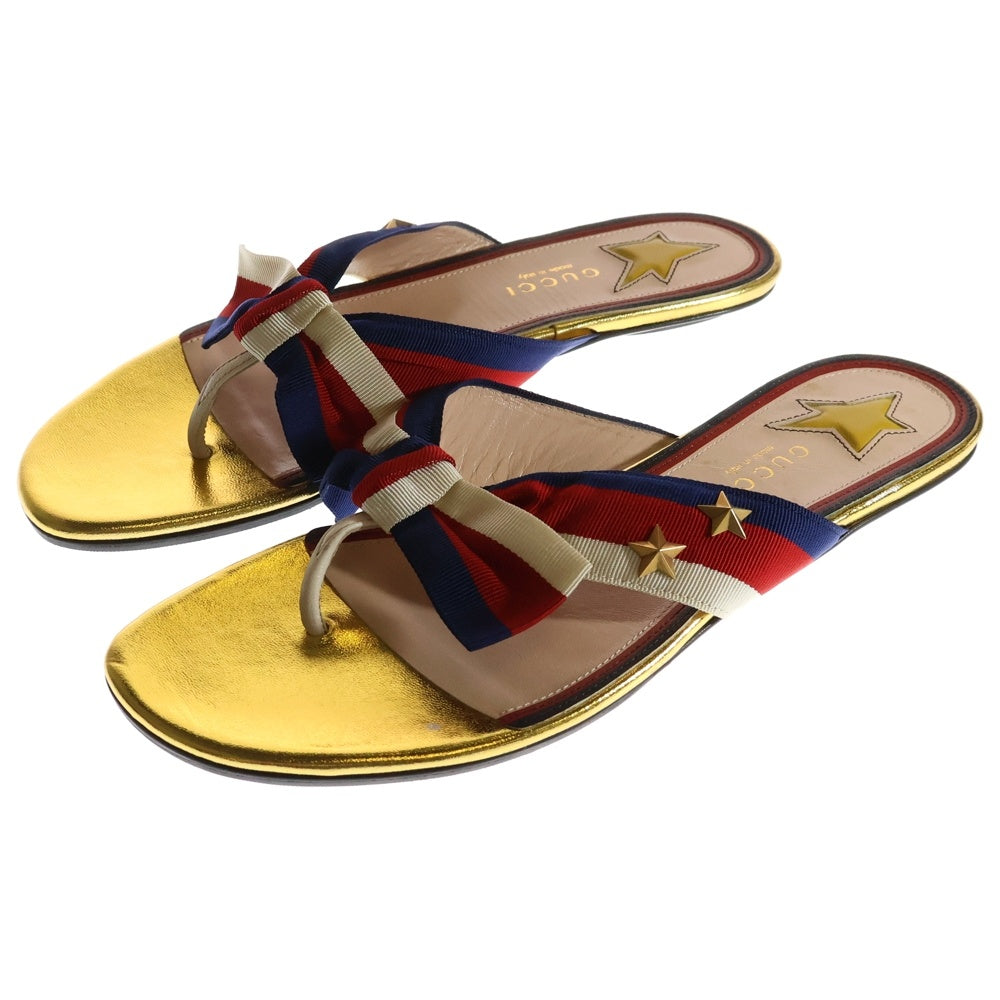 GUCCI(グッチ) ウェブライン トリコロール リボン レザー スター スタッズ フラットサンダル ゴールド/レッド レディース