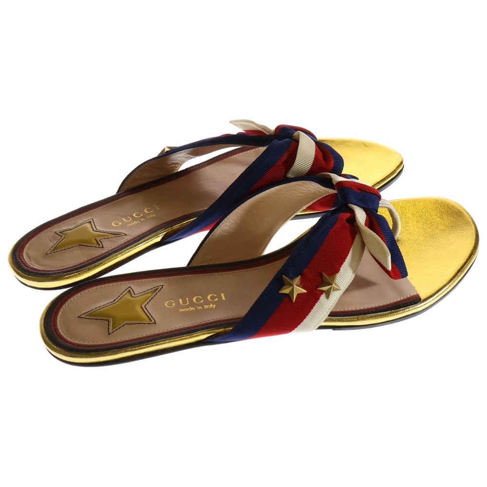 GUCCI(グッチ) ウェブライン トリコロール リボン レザー スター スタッズ フラットサンダル ゴールド/レッド レディース