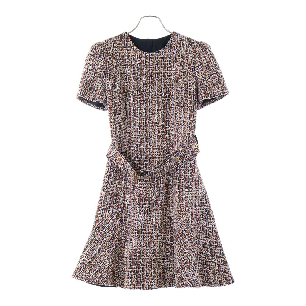 LOUIS VUITTON(ルイヴィトン) 21AW ミックス ラメ ツイード スケーター モノグラムベルト クルーネック 半袖 ミディアム ワンピース ドレス レッド/ブラウン レディース RW212W FH0 FLDR57