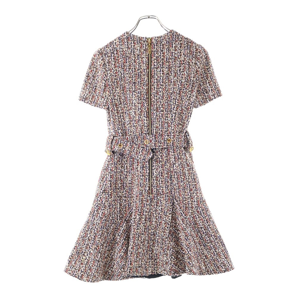 LOUIS VUITTON(ルイヴィトン) 21AW ミックス ラメ ツイード スケーター モノグラムベルト クルーネック 半袖 ミディアム ワンピース ドレス レッド/ブラウン レディース RW212W FH0 FLDR57