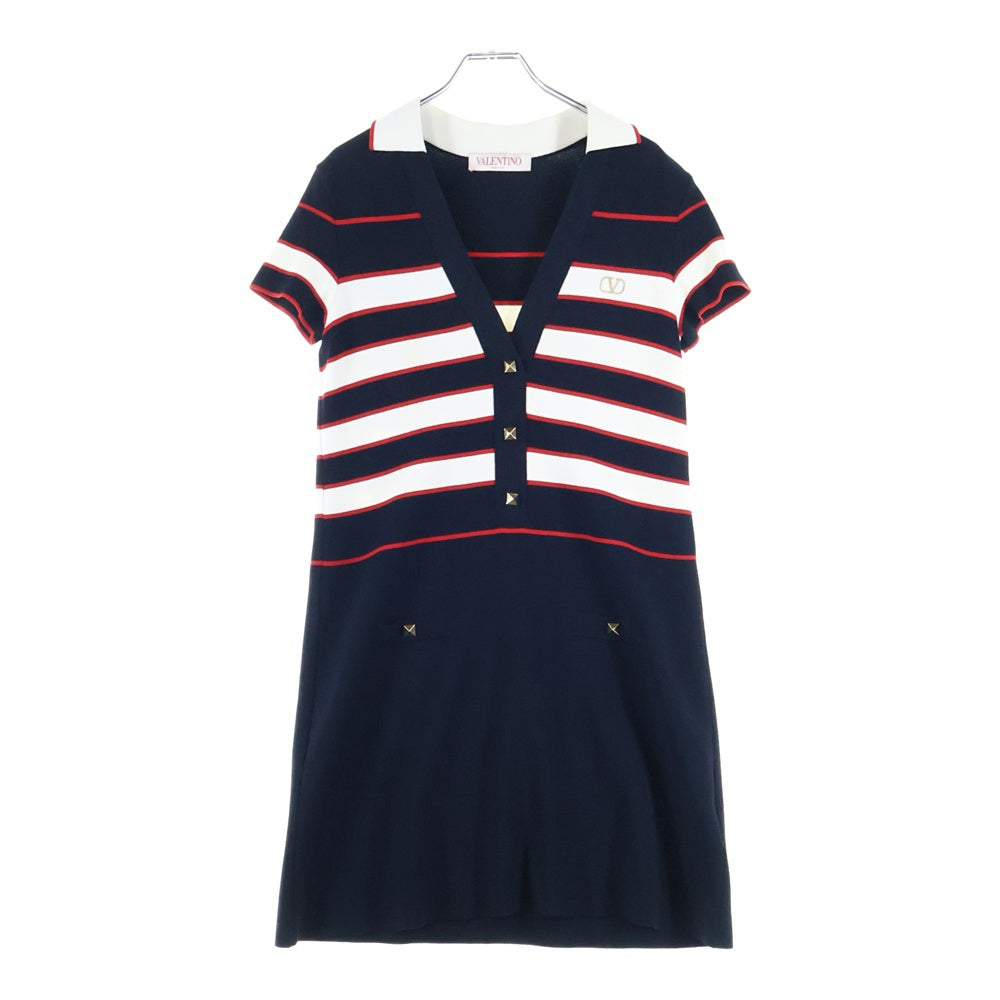 valentino garavan(ヴァレンティノガラヴァーニ) Vロゴ刺繍 ロックスタッズ ボーダー柄 レーヨンニット 半袖 ミディアム ワンピース ネイビー レディース 1B3KD08L7FG