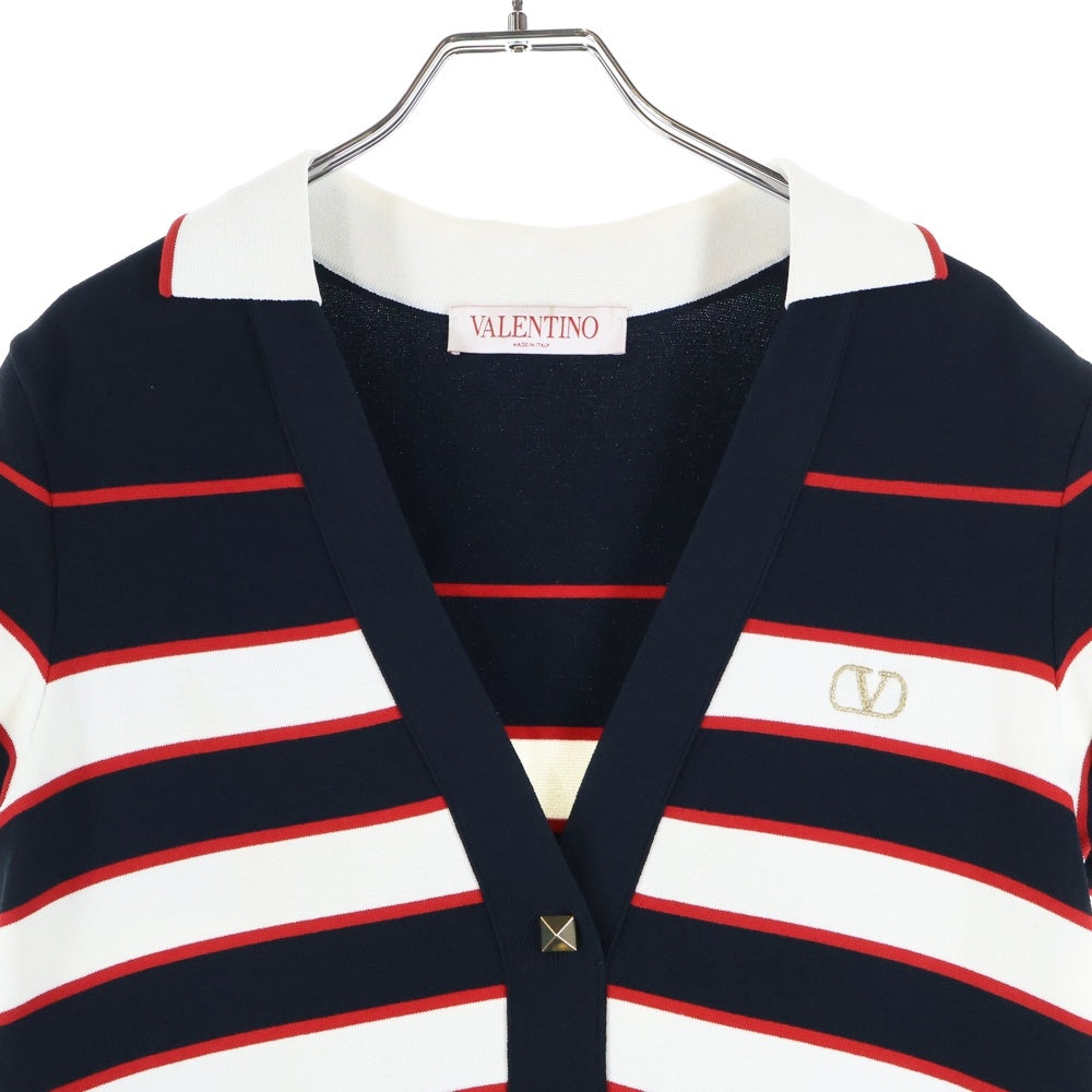 valentino garavan(ヴァレンティノガラヴァーニ) Vロゴ刺繍 ロックスタッズ ボーダー柄 レーヨンニット 半袖 ミディアム ワンピース ネイビー レディース 1B3KD08L7FG