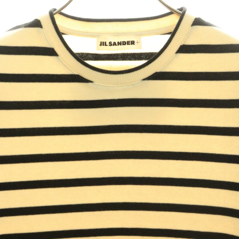 JIL SANDER NAVY(ジルサンダーネイビー) バックロゴパッチ ボーダー総柄 コットンニット クルーネック 半袖Tシャツ カットソー アイボリー/ブラック レディース J40GC0111 J46497