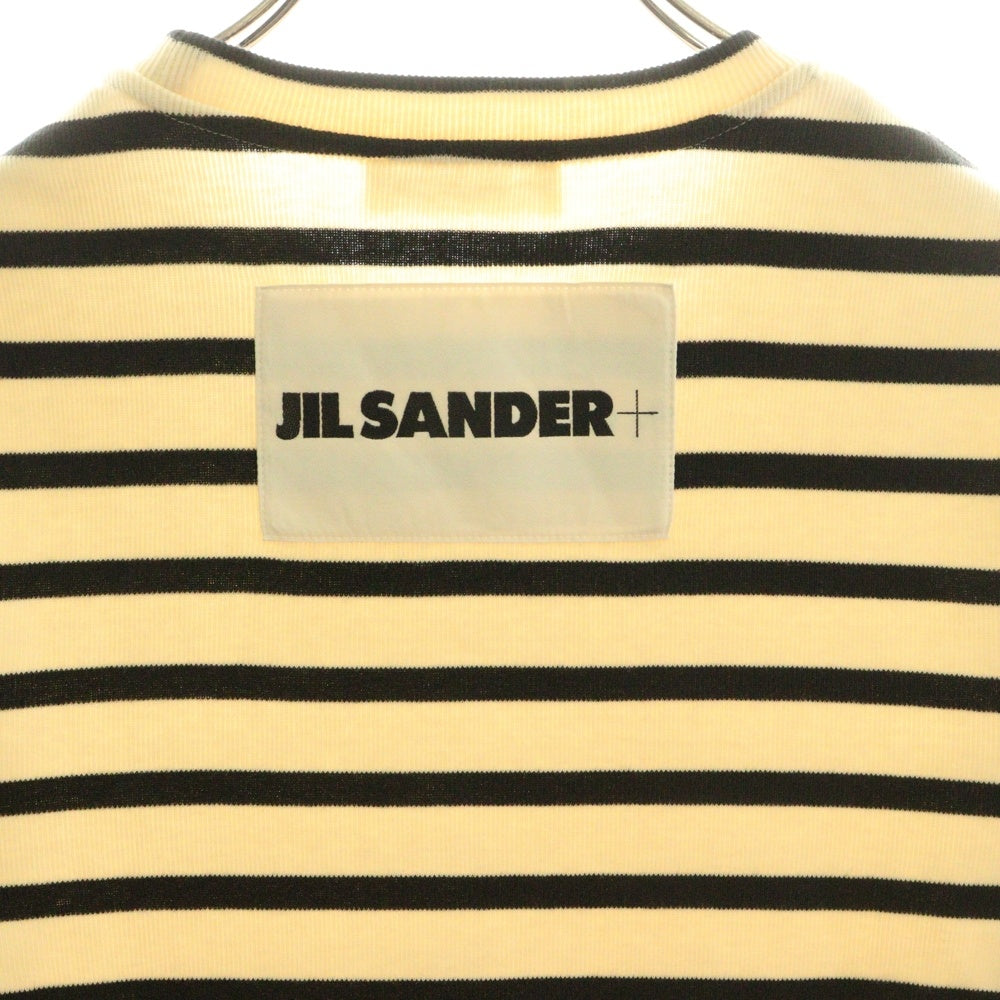 JIL SANDER NAVY(ジルサンダーネイビー) バックロゴパッチ ボーダー総柄 コットンニット クルーネック 半袖Tシャツ カットソー アイボリー/ブラック レディース J40GC0111 J46497